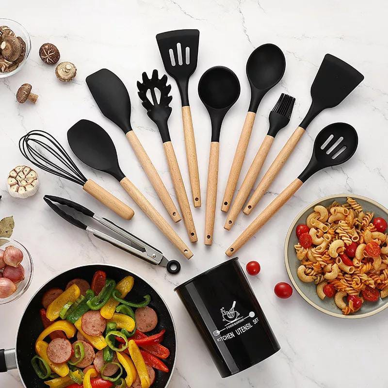12 Pcs Set - Silicone Kitchen Utensils With Storage Bucket