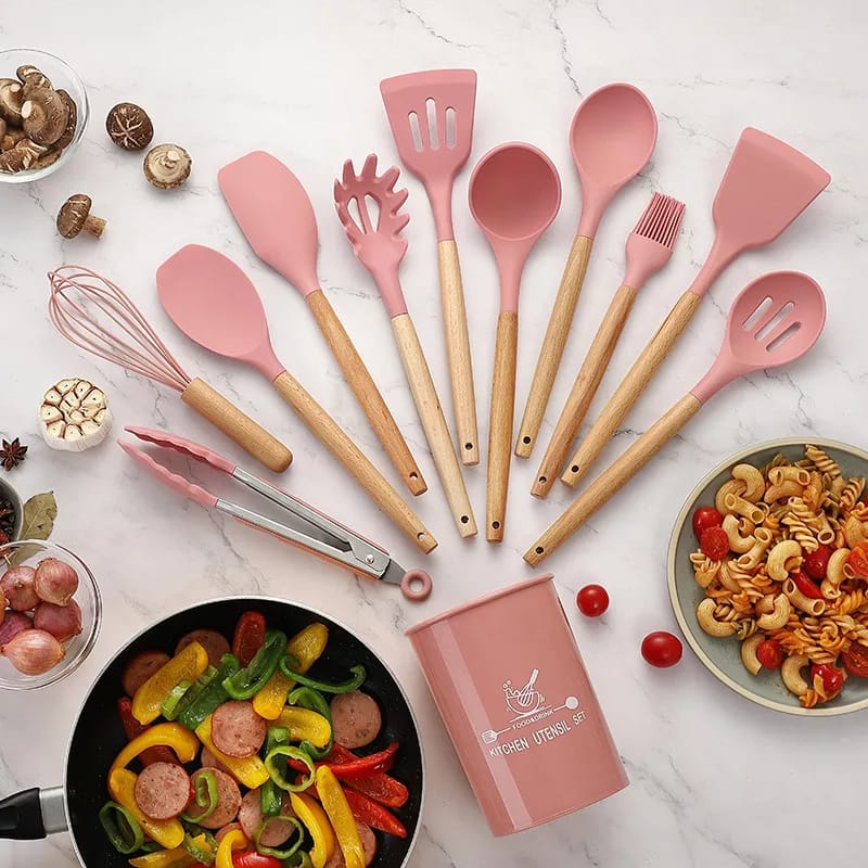 12 Pcs Set - Silicone Kitchen Utensils With Storage Bucket