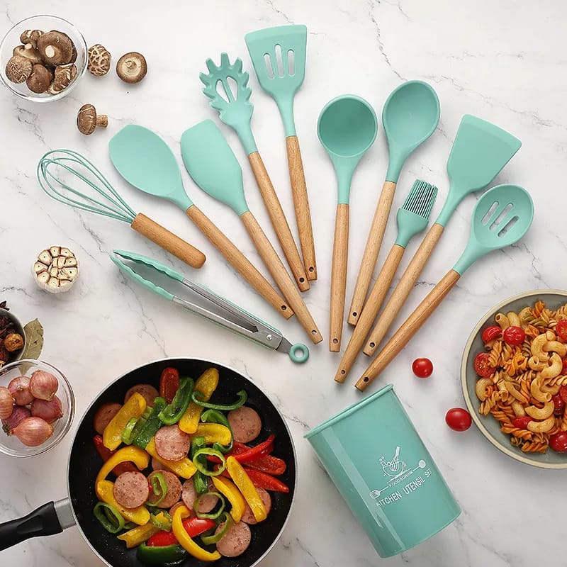 12 Pcs Set - Silicone Kitchen Utensils With Storage Bucket