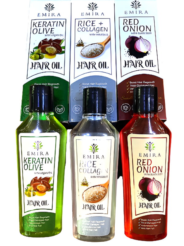 Emira Hair Oil Trio – Keratin, Red Onion, Rice Collagen (3 x 120ml)