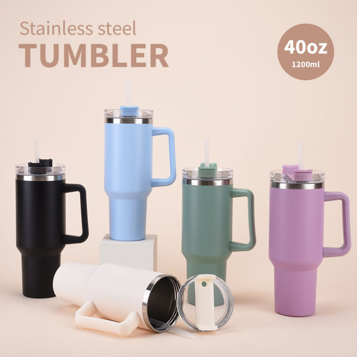40oz Insulated Tumbler with Handle & Straw (Black)