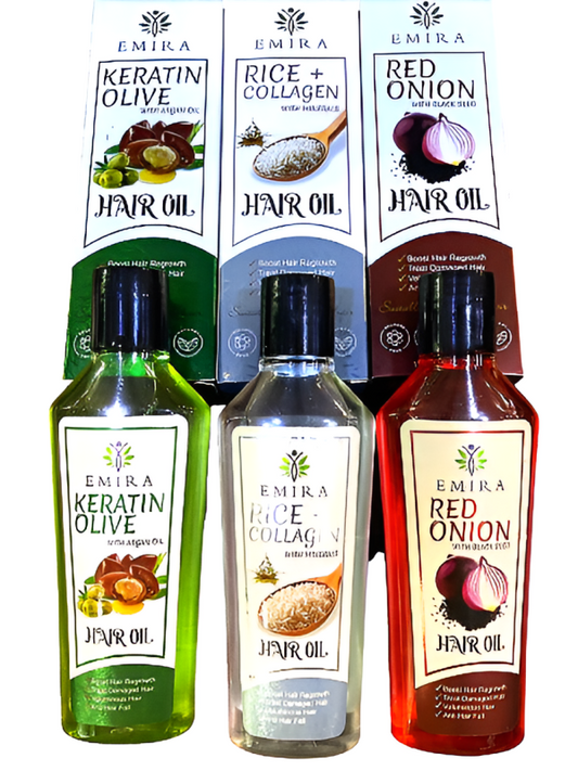 Emira Hair Oil Trio – Keratin, Red Onion, Rice Collagen (3 x 120ml)