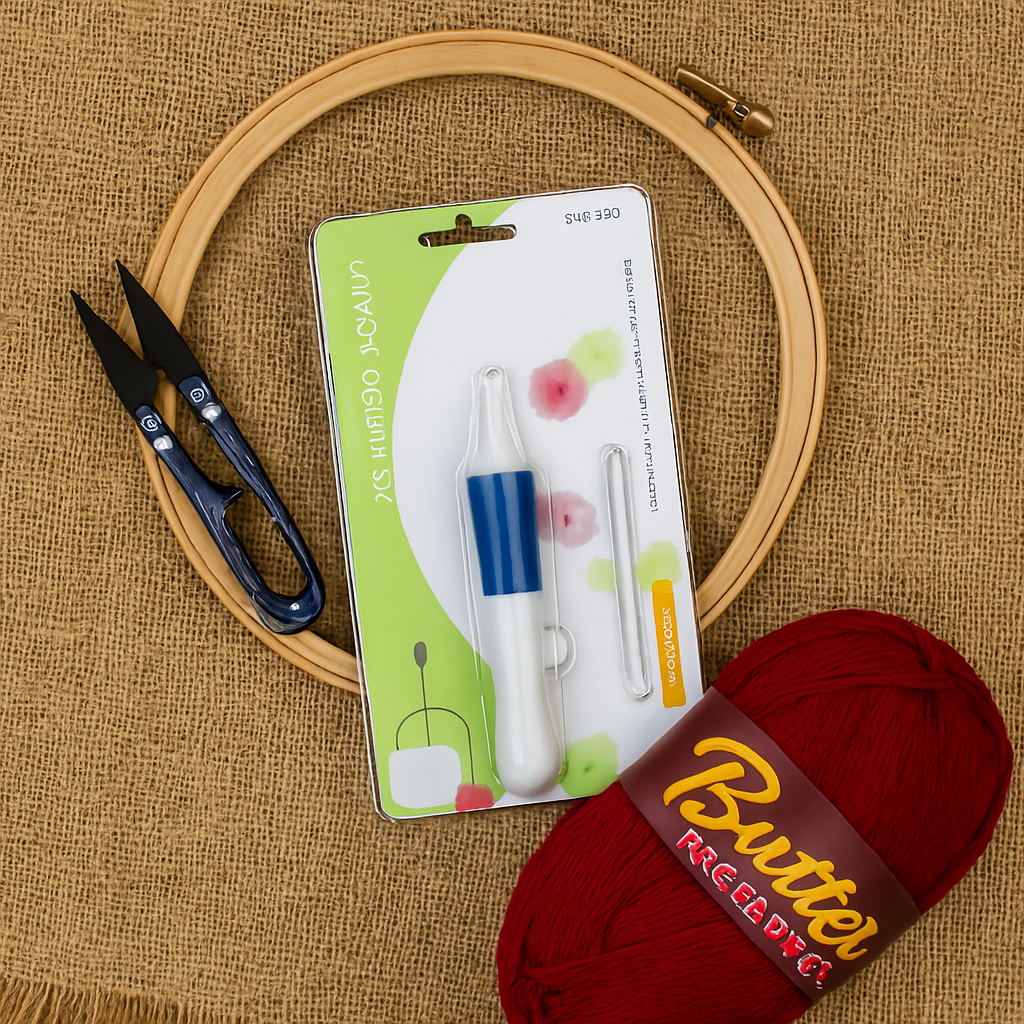 3D Embroidery Punch Needle Kit with 10 Inch Wooden Hoop, Jute Cloth (20x36 inch), Thread, Scissors & Tools